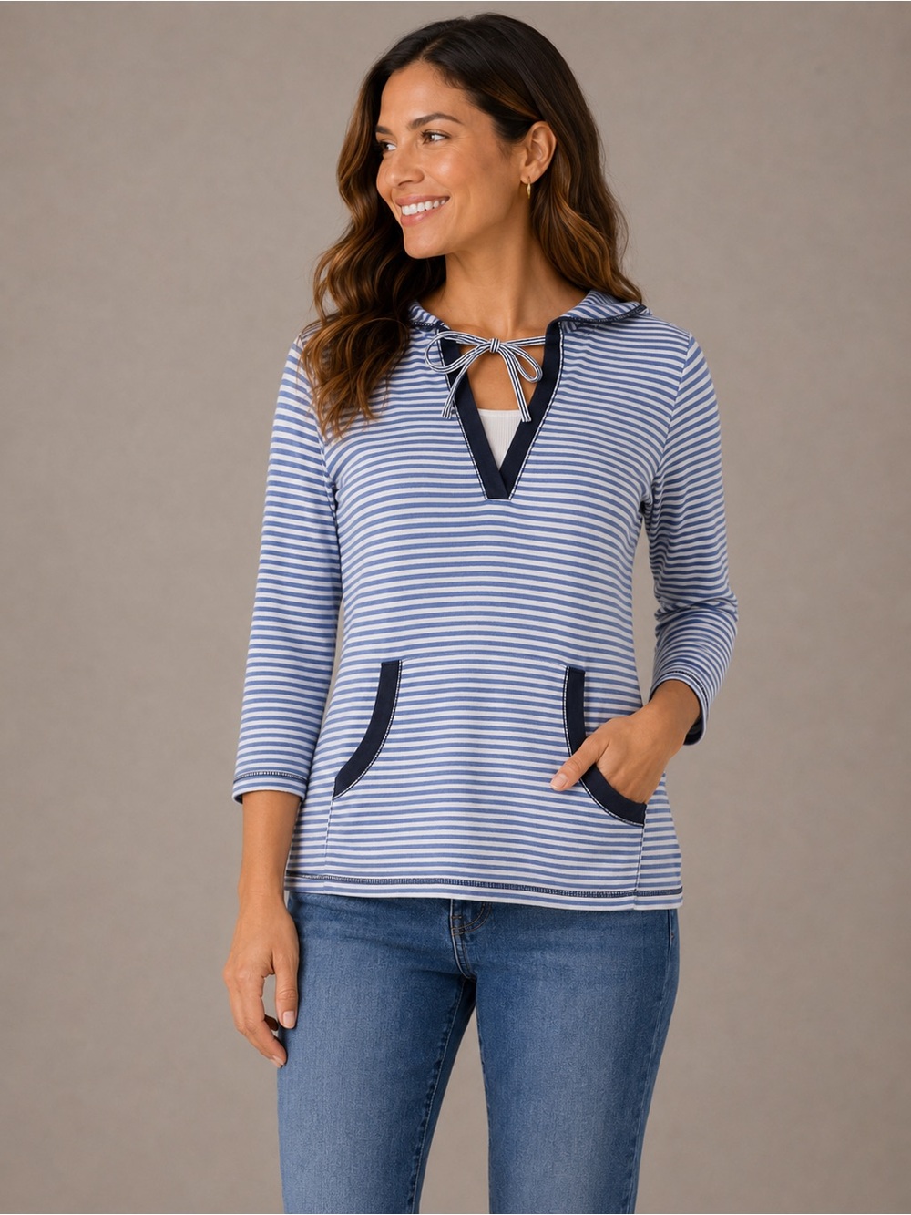 KAREN SCOTT Sport Blue and White Striped Hooded Top with Navy Trim White Modesty